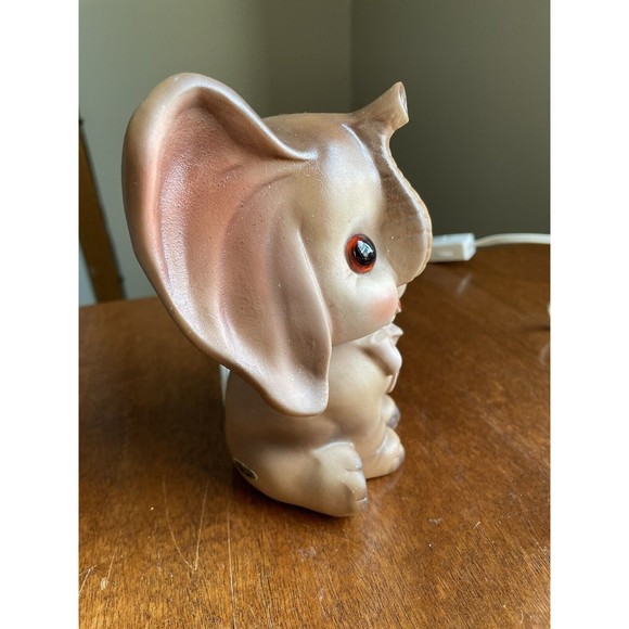 Vintage Josef Originals Ceramic Baby Elephant Pink Bow Night Light Lamp Trunk Up - Picture 4 of 12